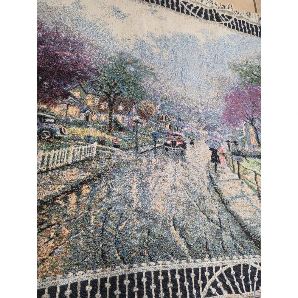 Thomas Kinkade Woven Tapestry Throw Blanket Rainy Neighborhood